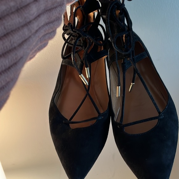 Aquazzura Belgravia LaceUp Pointed Toe Ballet Flats Black Cutout Suede Size 7.5 - Picture 2 of 7